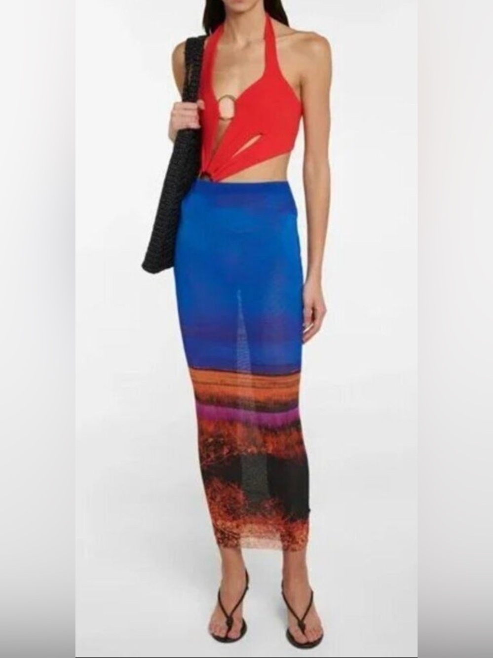 LOUISA BALLOU Sz S Small Neon Horizon Mesh Pencil Midi skirt